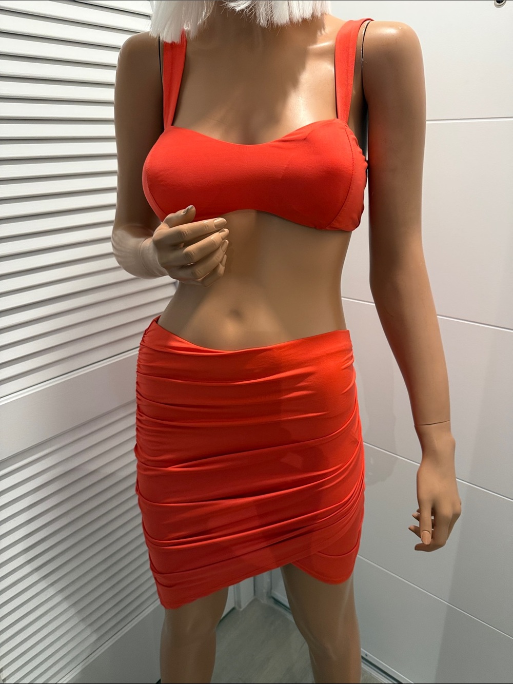 Fashion Nova neon orange medium Women’s Ruched Mini Skirt